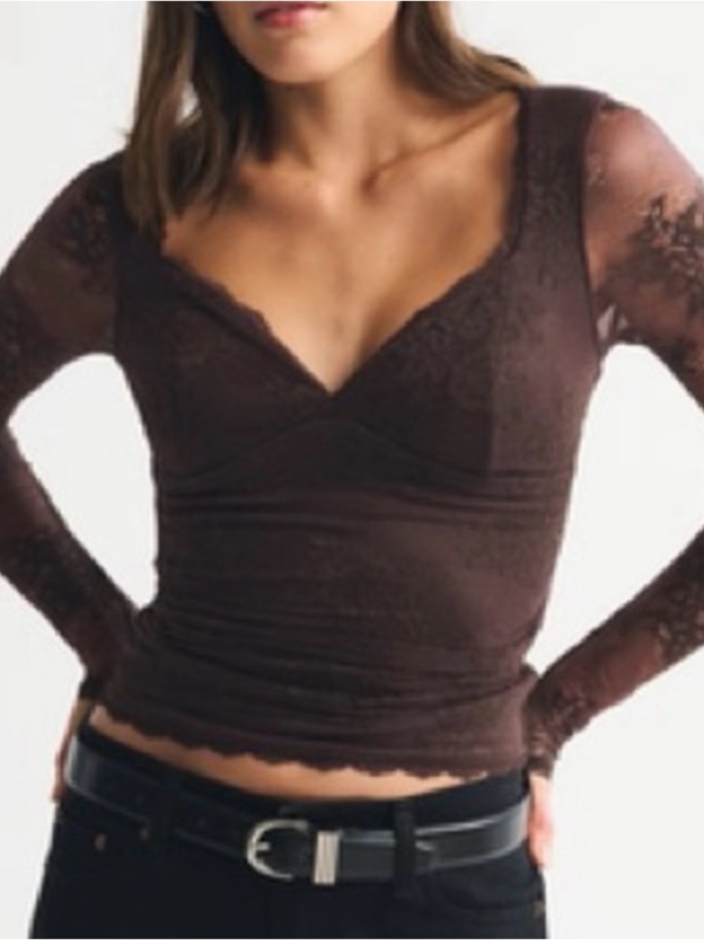 Abercrombie & Fitch Brown Lace V-Neck Long Sleeve Top